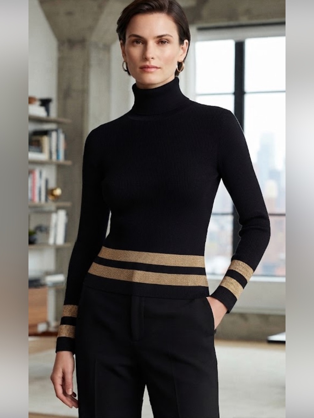 Lauren Ralph Lauren black rib gold striped turtleneck sweater made in Hong Kong